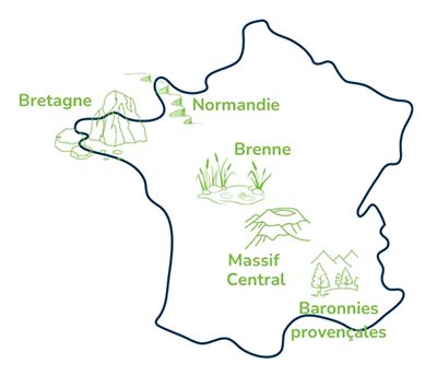 carte de France avec les différentes régions où se situent les terrains concernés : Bretagne / Normandie / Brenne / Massif central et Baronnies provençalessin