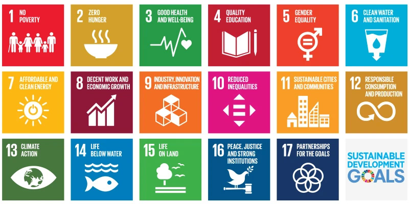 The 17 Sustainable Development Goals : 1 - No poverty / 2 - Zero hunger / 3 - Good Health and well-being / 4 - Quality Education / 5 - Gender equality / 6 - Clean water and sanitation / 7 - Affordable and clean energy / 8 - Decent work and Economic growth / 9 - Industry, innovation and infrastructure / 10 - Reduced inequalities / 11 - Sustainabe cities and communities / 12 - Responsible consumption and production / 13 - Climate action / 14 - Life below water / 15 - Life on land / 16 - Peace, justice and strong institutions / 17 - Partnerships for the goals