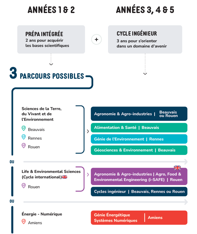 schéma présentant la structuration entre prépas intégrées et cycles ingénieurs à UniLaSalle. Dans le détail : Généralités : Années 1 et 2 : Prépa intégrée – 2 ans pour acquérir les bases scientifiques Années 3, 4 et 5 : Cycle ingénieur – 3 ans pour s’orienter dans un domaine d’avenir  3 parcours possibles : Prépa intégrée Sciences de la Terre, du vivant et de l’environnement (campus de Beauvais, Rennes et Rouen). Donne accès aux cycles ingénieurs suivants : Agronomie et Agro-industries (campus de Beauvais et Rouen), Alimentation et Santé (campus de Beauvais), Génie de l’environnement (campus de Rennes), Géosciences et environnement (campus de Beauvais) Ou Prépa intégrée en anglais Life and Environmental sciences (campus de Rouen). Donne accès au cycle ingénieur Agronomie et Agro-industries – Agro, Food and Environmental sciences (campus de Rouen), mais aussi à tous les cycles ingénieurs proposés sur les campus de Beauvais, Rennes et Rouen. Ou Prépa intégrée Énergie – Numérique (campus d’Amiens). Donne accès au cycle ingénieur Génie énergétique et systèmes numériques (campus d’Amiens)