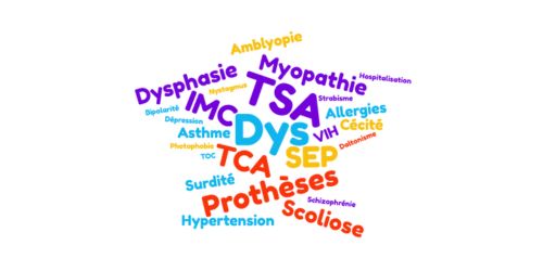 Nuage de mots composé des mots suivants : Dys  TSA  TDAH  TCA Diabète Prothèses  Dyspraxie IMC Hémiplégie Epilepsie Paraplégie SEP Tétraplégie Myopathie Scoliose Amputation Malformation Dysphasie Dyslexie Dyscalculie Dysorthographie Elocution Asthme Mucoviscidose Endométriose Hypertension Diabète VIH Allergies Surdité Cécité Amblyopie Nystagmus Strabisme Daltonisme Photophobie Dépression Schizophrénie Bipolarité TOC Hospitalisation